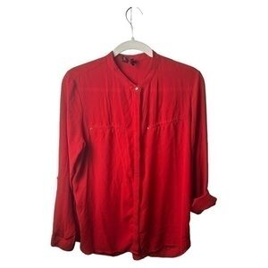 Mango Shirt Womens M Button Up Roll Tab Sleeve Red Gold Accents Light Office